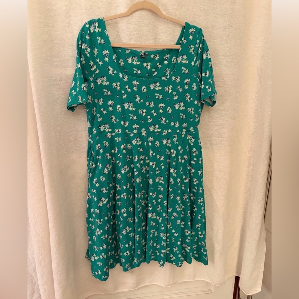 Lands' End Teal Floral Short-Sleeve Fit-and-Flare Dress